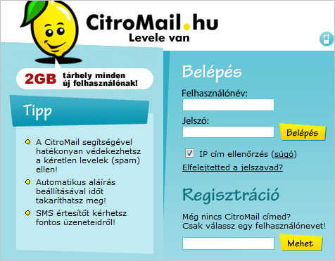 A Citromail bejelentkezési oldala