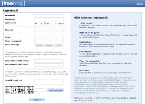 A Freemail regisztrációs oldala A Freemail regisztrációs oldala